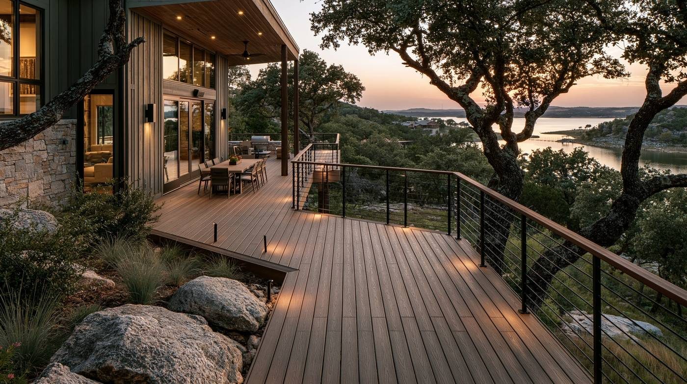 Elevated composite deck with cable railing overlooking Possum Kingdom Lake at sunset