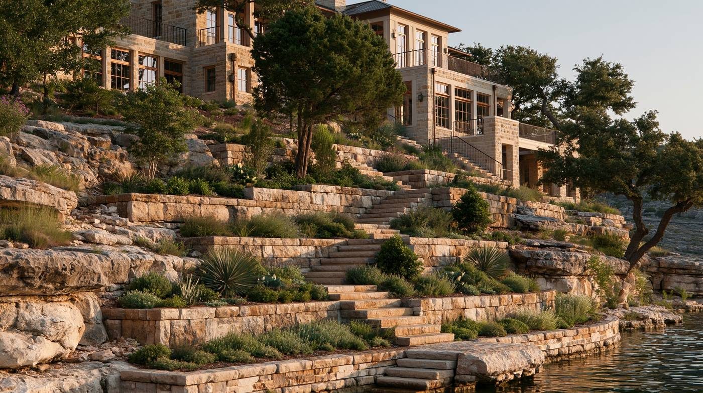Terraced limestone retaining walls and stone steps leading to the water at Possum Kingdom Lake
