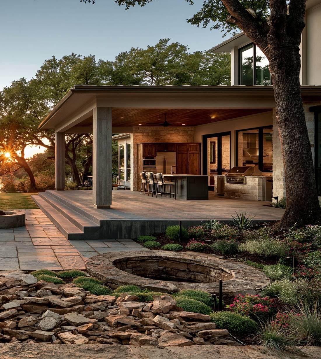After: covered patio with outdoor kitchen and stamped concrete at a Possum Kingdom lake home