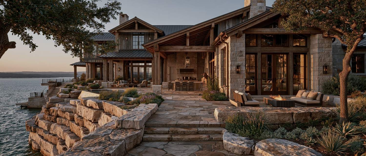 Stone and timber lakefront home with terraces at dusk on Possum Kingdom Lake