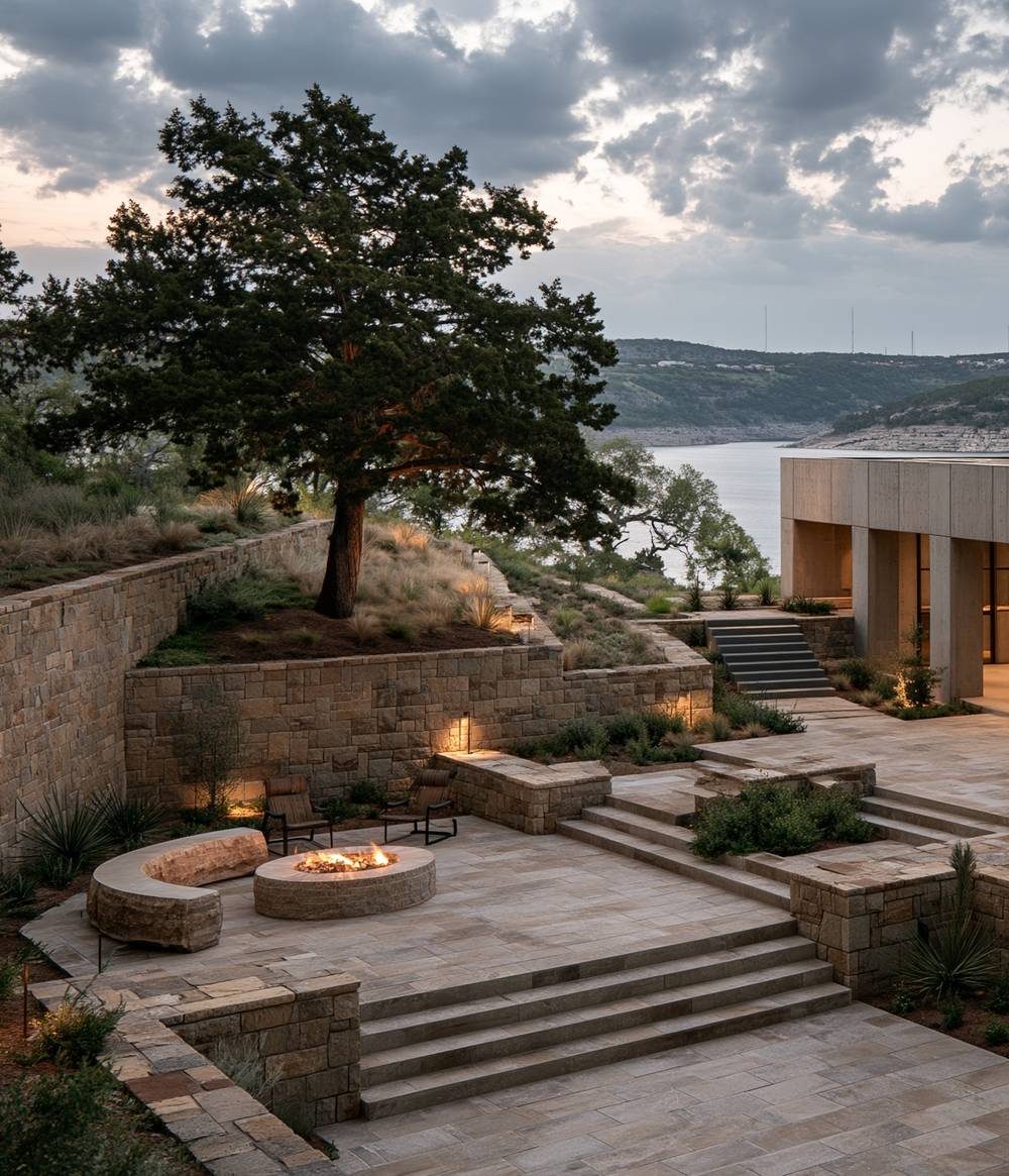 Lit limestone terraces and fire pit at dusk above Possum Kingdom Lake