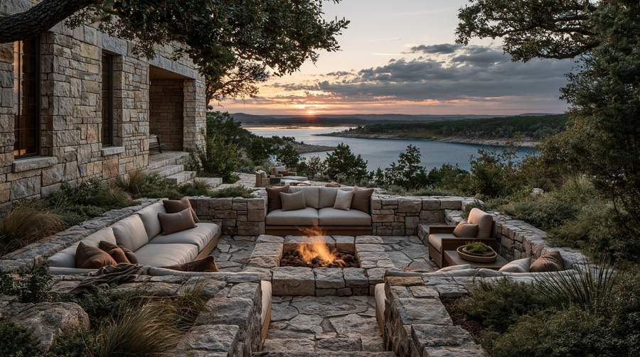 Sunken stone fire-pit lounge overlooking Possum Kingdom Lake at sunset