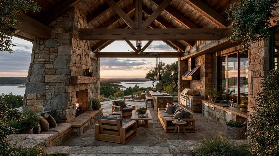 Covered timber-truss patio with stone fireplace and lake view at Possum Kingdom