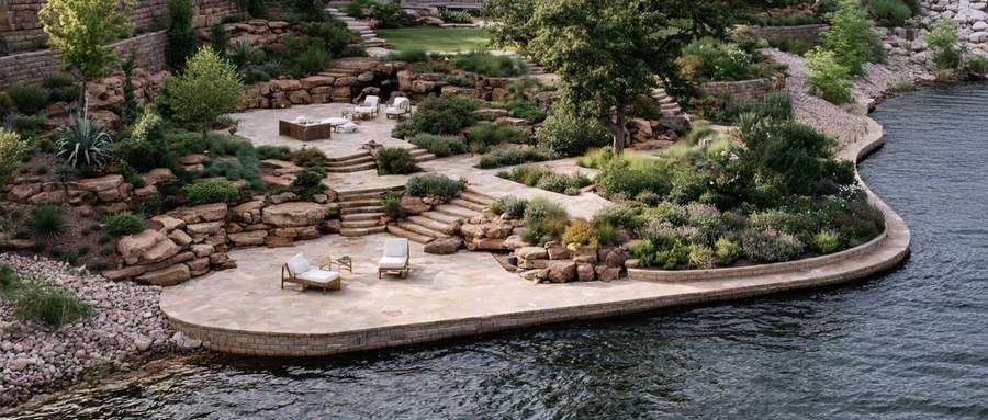 Decorative stone and concrete lakeside terrace at Possum Kingdom Lake