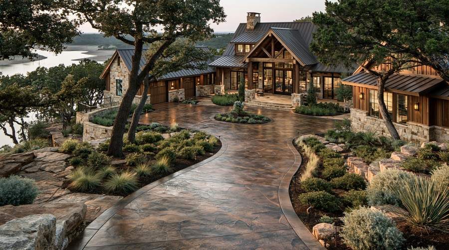 Stained stamped concrete driveway at a Possum Kingdom lake home