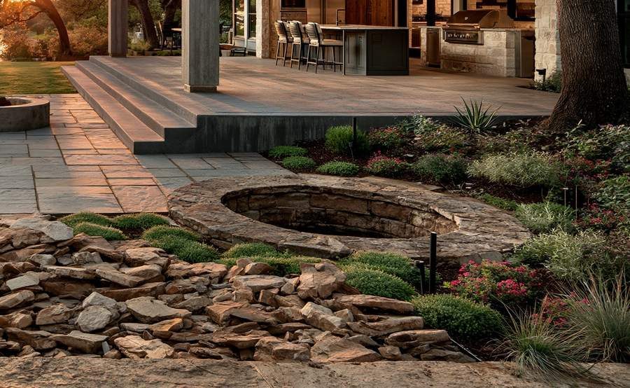 Stamped concrete patio flatwork with fire pit at the lake