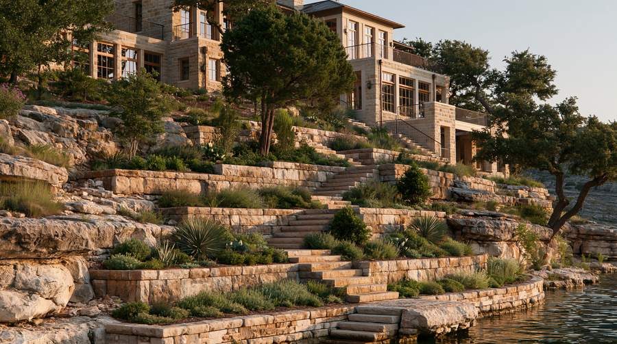 Terraced limestone retaining walls stepping down to Possum Kingdom Lake