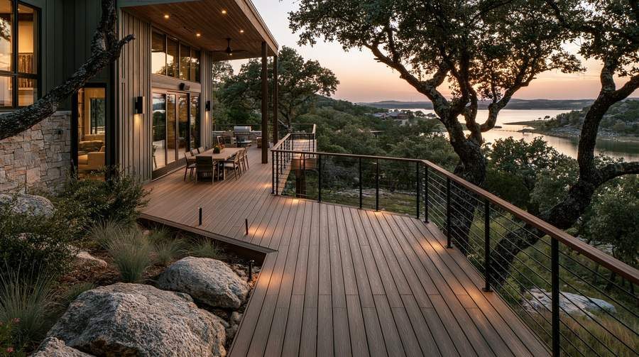 Composite lakeview deck with cable railing at dusk, Possum Kingdom Lake