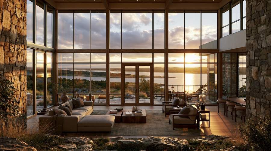 Floor-to-ceiling window wall framing a Possum Kingdom Lake sunset