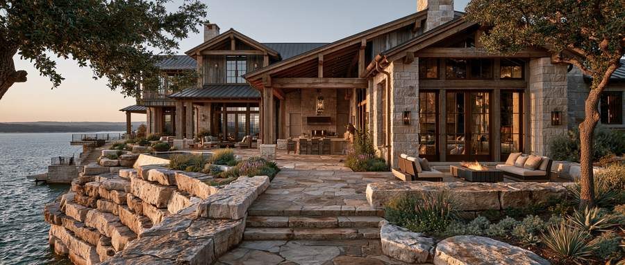 Stone and timber lake home exterior at golden hour, Possum Kingdom