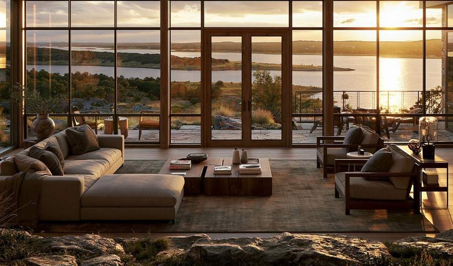 Remodeled lake house living room with sunset lake view