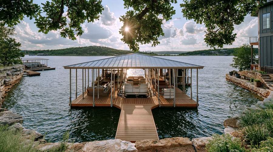 Covered boat dock with composite decking on Possum Kingdom Lake